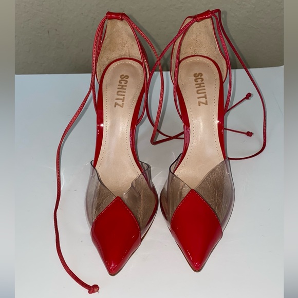 Schutz deep red patent leather and PVC ankle wrap heels - Picture 8 of 15